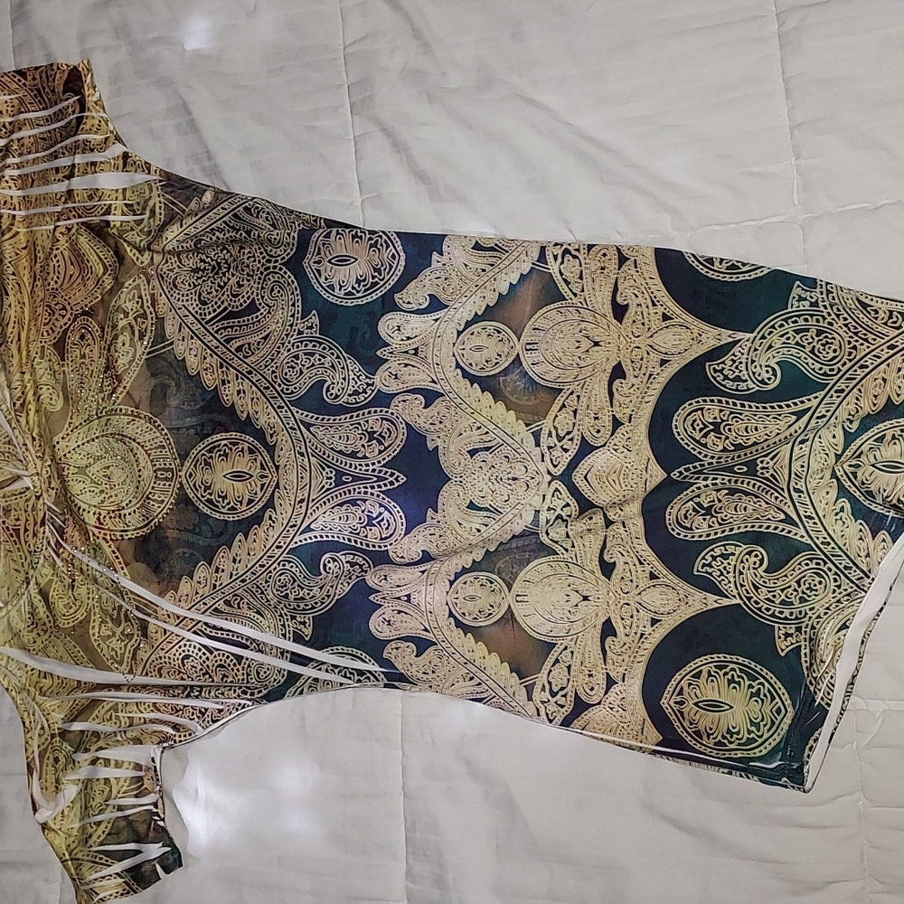 Tan and navy print dress